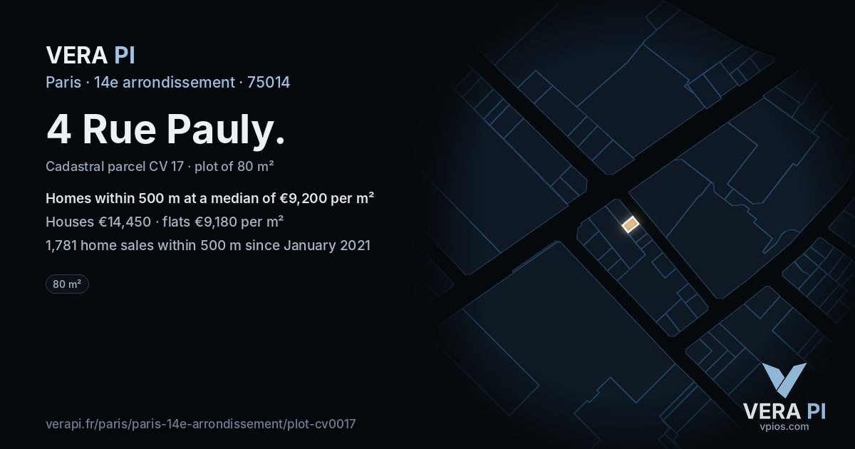 4 Rue Pauly, 14e arrondissement at night – the plot lit, the parcels around coloured by the prices near them
