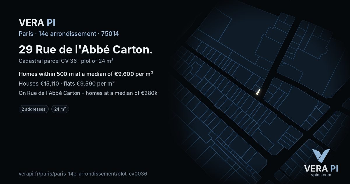 29 Rue de l'Abbé Carton, 14e arrondissement at night – the plot lit, the parcels around coloured by the prices near them