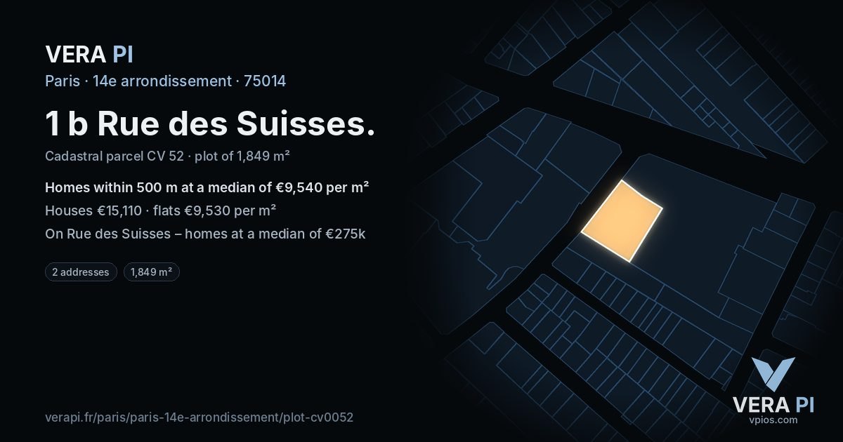 1 b Rue des Suisses, 14e arrondissement at night – the plot lit, the parcels around coloured by the prices near them