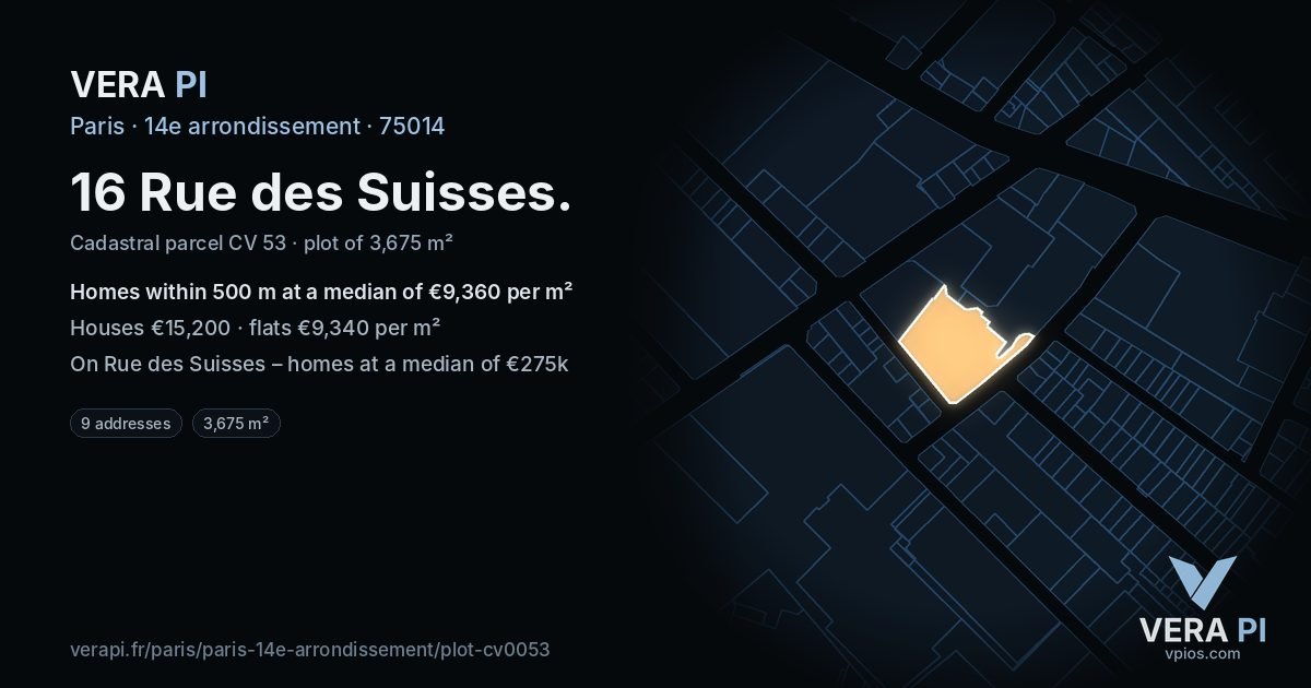 16 Rue des Suisses, 14e arrondissement at night – the plot lit, the parcels around coloured by the prices near them