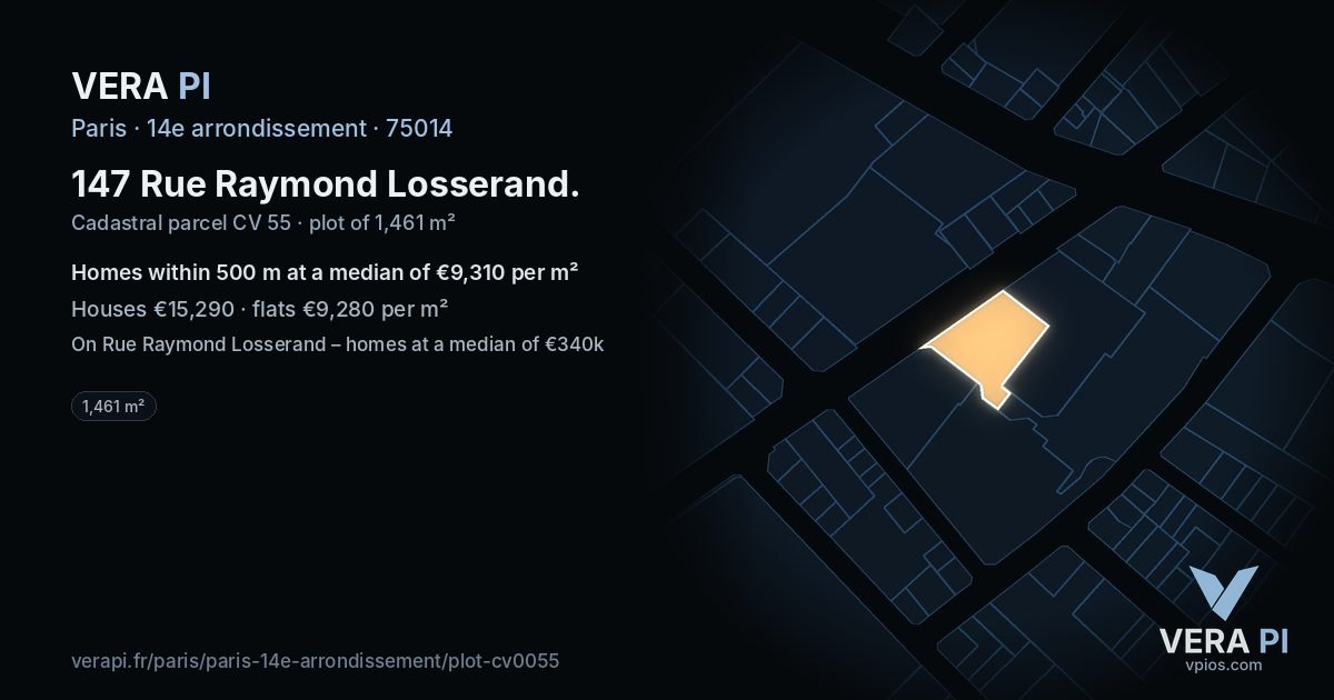 147 Rue Raymond Losserand, 14e arrondissement at night – the plot lit, the parcels around coloured by the prices near them