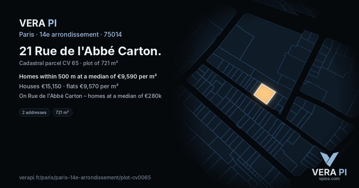 21 Rue de l'Abbé Carton, 14e arrondissement at night – the plot lit, the parcels around coloured by the prices near them