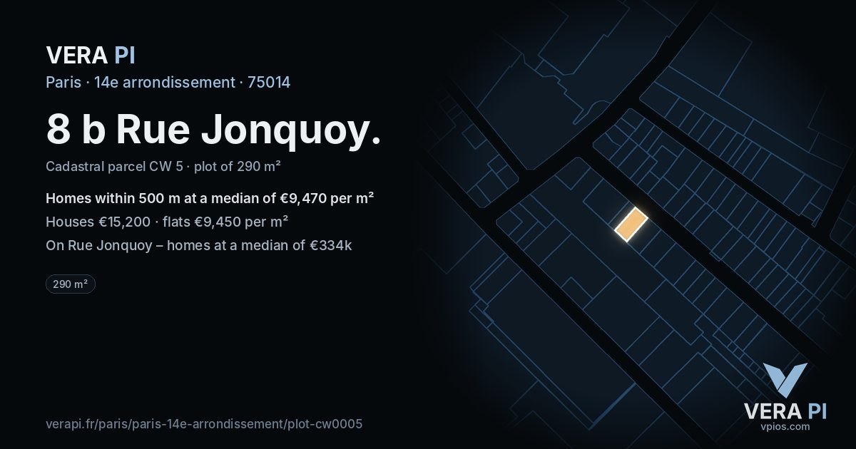 8 b Rue Jonquoy, 14e arrondissement at night – the plot lit, the parcels around coloured by the prices near them