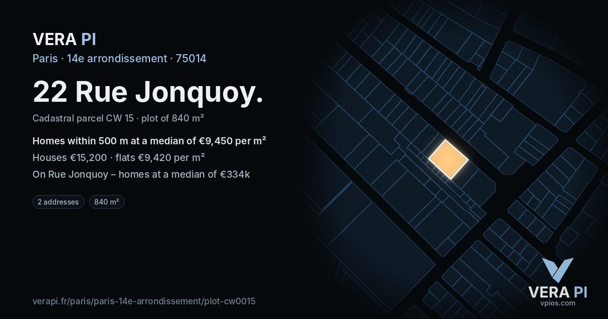22 Rue Jonquoy, 14e arrondissement at night – the plot lit, the parcels around coloured by the prices near them