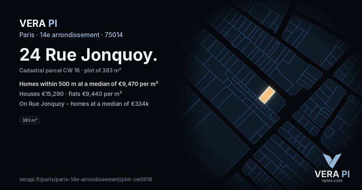 24 Rue Jonquoy, 14e arrondissement at night – the plot lit, the parcels around coloured by the prices near them