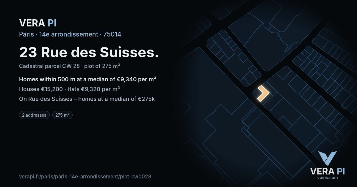 23 Rue des Suisses, 14e arrondissement at night – the plot lit, the parcels around coloured by the prices near them