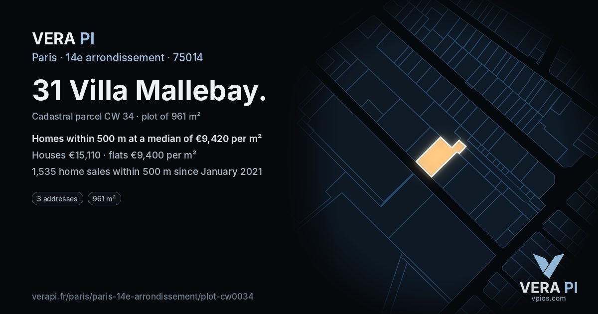 31 Villa Mallebay, 14e arrondissement at night – the plot lit, the parcels around coloured by the prices near them