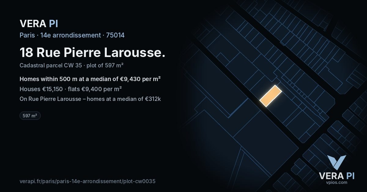 18 Rue Pierre Larousse, 14e arrondissement at night – the plot lit, the parcels around coloured by the prices near them