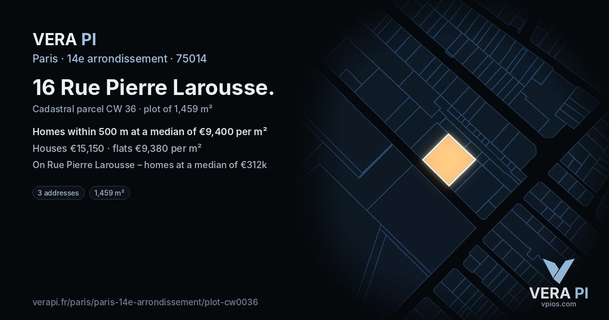 16 Rue Pierre Larousse, 14e arrondissement at night – the plot lit, the parcels around coloured by the prices near them