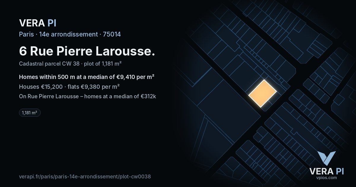 6 Rue Pierre Larousse, 14e arrondissement at night – the plot lit, the parcels around coloured by the prices near them