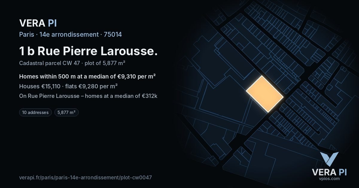 1 b Rue Pierre Larousse, 14e arrondissement at night – the plot lit, the parcels around coloured by the prices near them