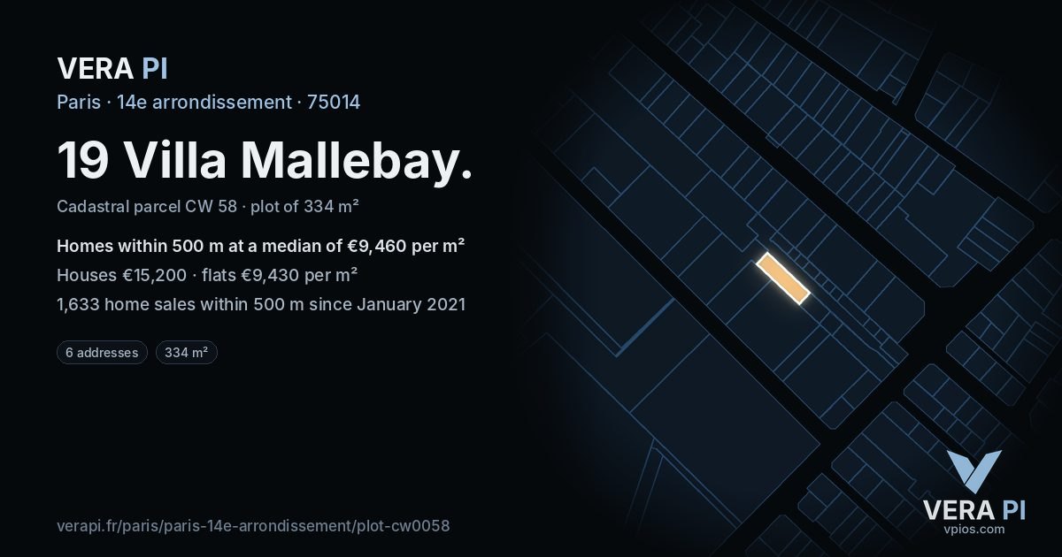 19 Villa Mallebay, 14e arrondissement at night – the plot lit, the parcels around coloured by the prices near them