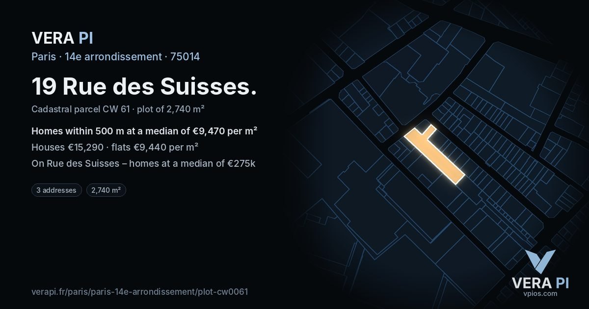 19 Rue des Suisses, 14e arrondissement at night – the plot lit, the parcels around coloured by the prices near them