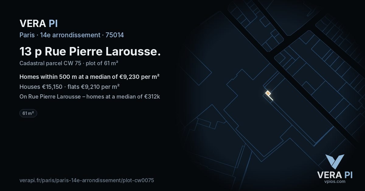 13 p Rue Pierre Larousse, 14e arrondissement at night – the plot lit, the parcels around coloured by the prices near them