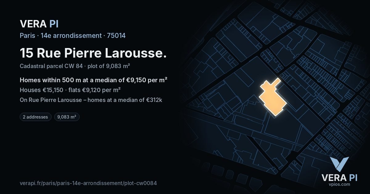 15 Rue Pierre Larousse, 14e arrondissement at night – the plot lit, the parcels around coloured by the prices near them