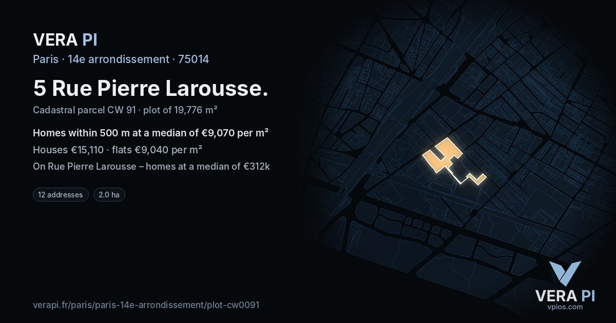 5 Rue Pierre Larousse, 14e arrondissement at night – the plot lit, the parcels around coloured by the prices near them
