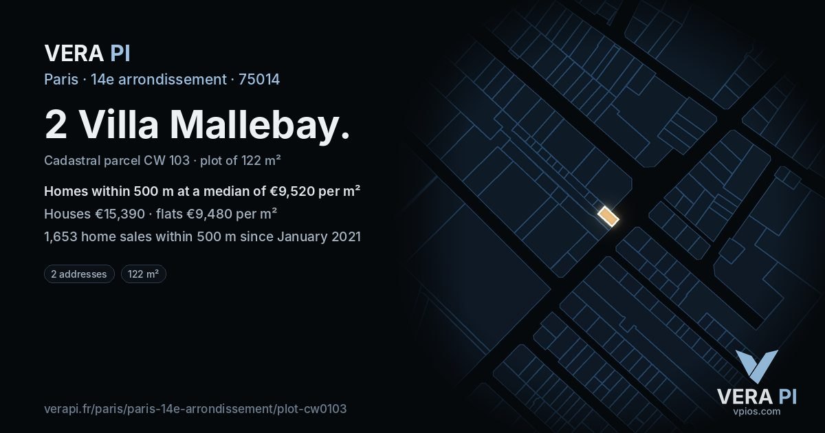 2 Villa Mallebay, 14e arrondissement at night – the plot lit, the parcels around coloured by the prices near them