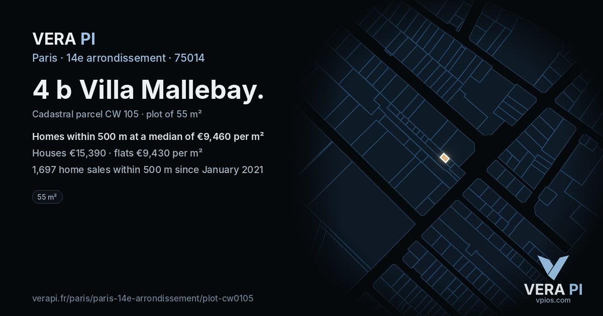 4 b Villa Mallebay, 14e arrondissement at night – the plot lit, the parcels around coloured by the prices near them