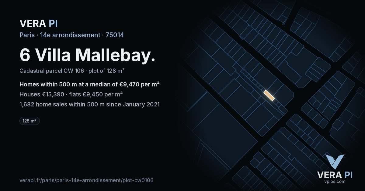 6 Villa Mallebay, 14e arrondissement at night – the plot lit, the parcels around coloured by the prices near them