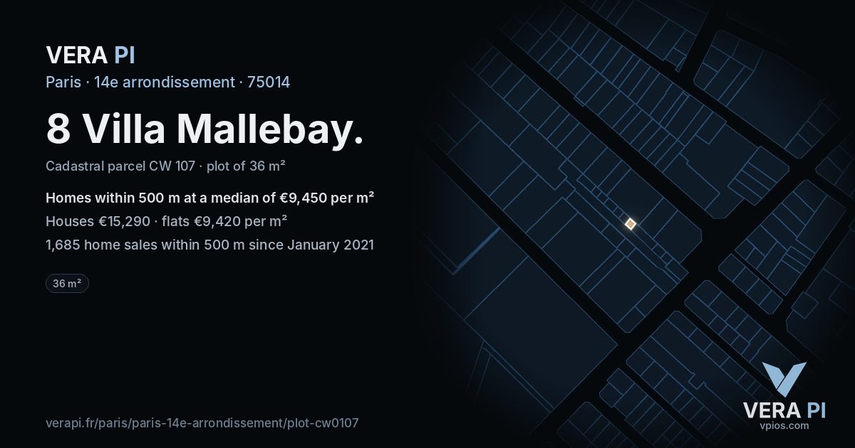 8 Villa Mallebay, 14e arrondissement at night – the plot lit, the parcels around coloured by the prices near them