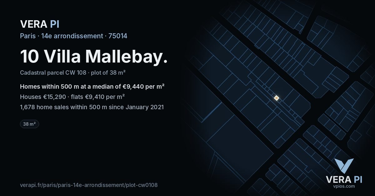 10 Villa Mallebay, 14e arrondissement at night – the plot lit, the parcels around coloured by the prices near them