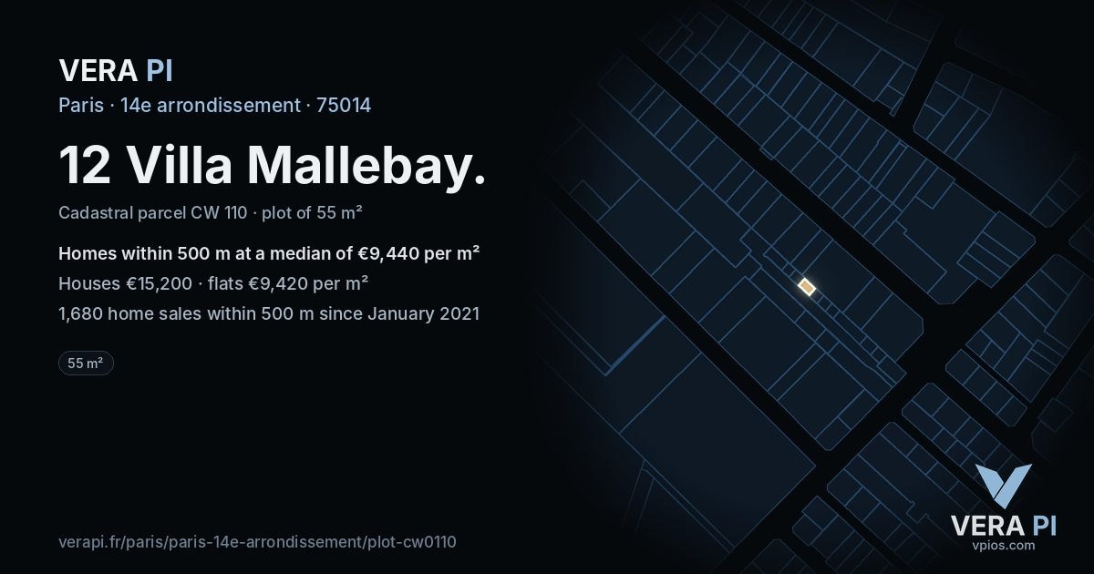 12 Villa Mallebay, 14e arrondissement at night – the plot lit, the parcels around coloured by the prices near them