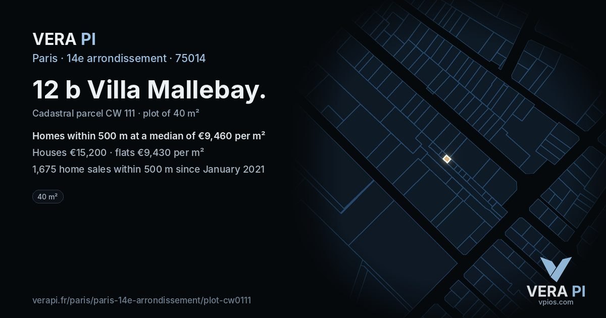 12 b Villa Mallebay, 14e arrondissement at night – the plot lit, the parcels around coloured by the prices near them