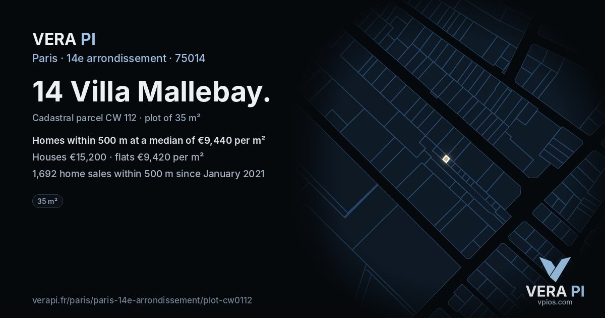 14 Villa Mallebay, 14e arrondissement at night – the plot lit, the parcels around coloured by the prices near them