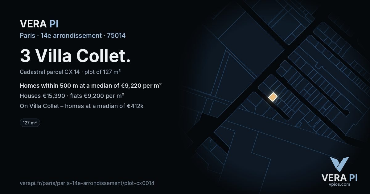 3 Villa Collet, 14e arrondissement at night – the plot lit, the parcels around coloured by the prices near them