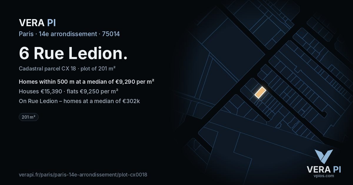 6 Rue Ledion, 14e arrondissement at night – the plot lit, the parcels around coloured by the prices near them