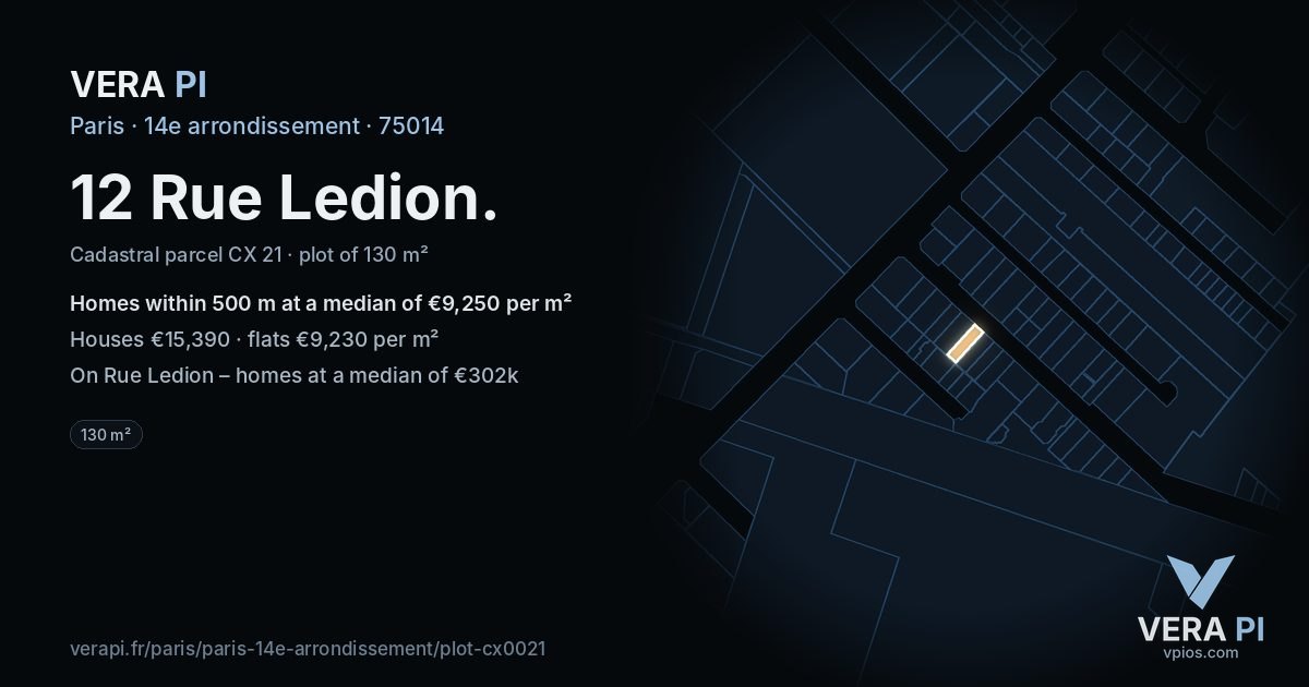 12 Rue Ledion, 14e arrondissement at night – the plot lit, the parcels around coloured by the prices near them