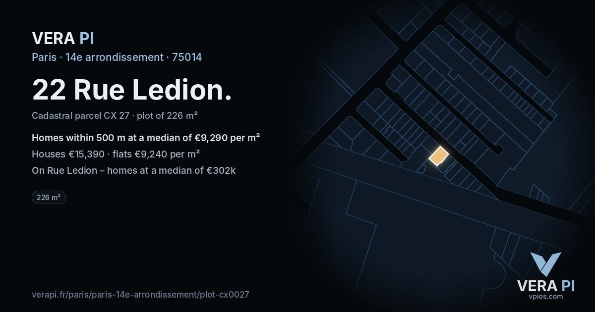 22 Rue Ledion, 14e arrondissement at night – the plot lit, the parcels around coloured by the prices near them