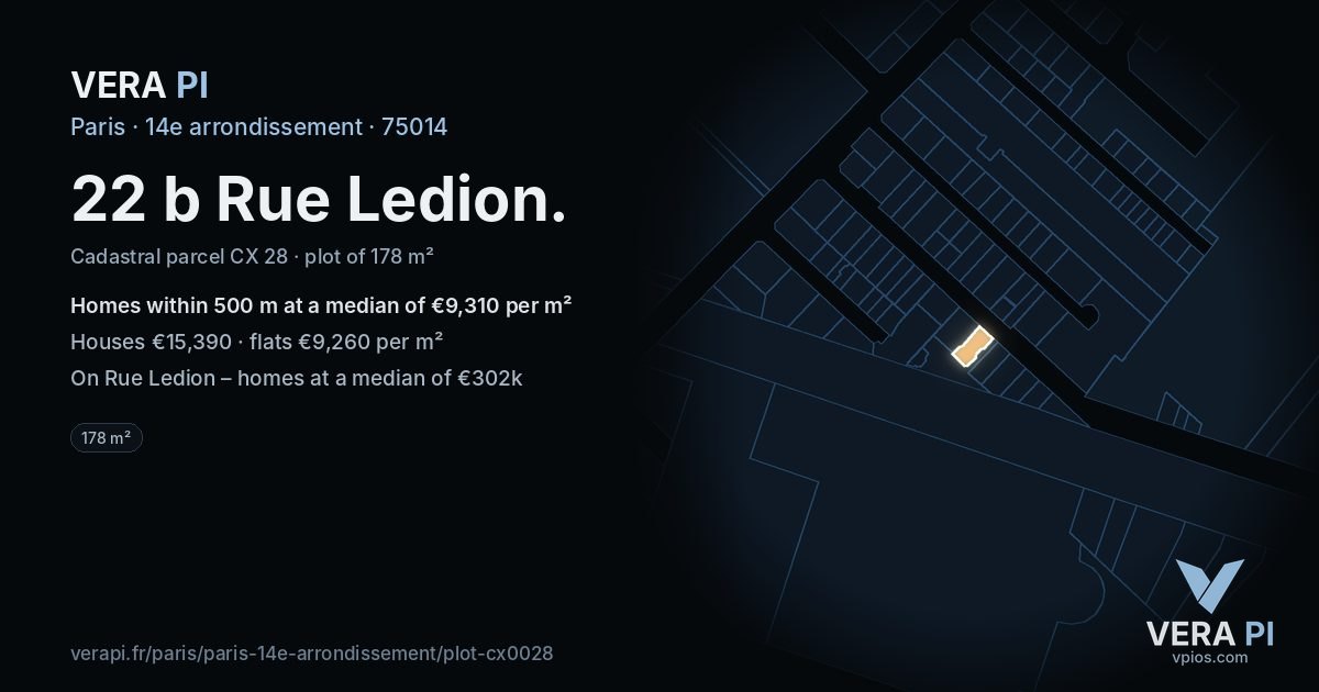 22 b Rue Ledion, 14e arrondissement at night – the plot lit, the parcels around coloured by the prices near them