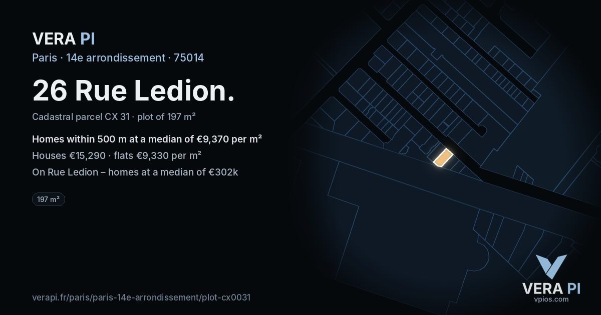 26 Rue Ledion, 14e arrondissement at night – the plot lit, the parcels around coloured by the prices near them