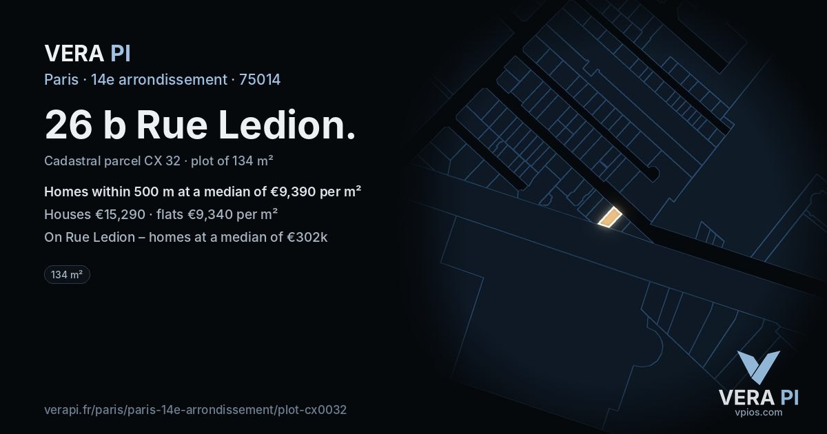 26 b Rue Ledion, 14e arrondissement at night – the plot lit, the parcels around coloured by the prices near them