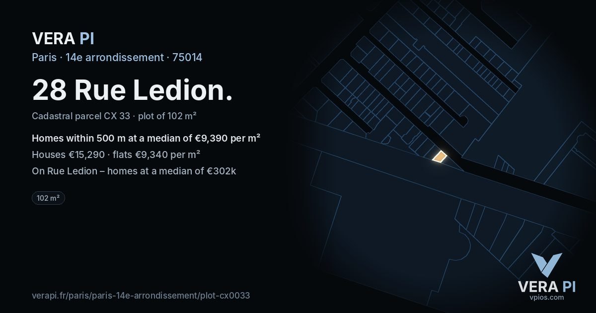 28 Rue Ledion, 14e arrondissement at night – the plot lit, the parcels around coloured by the prices near them