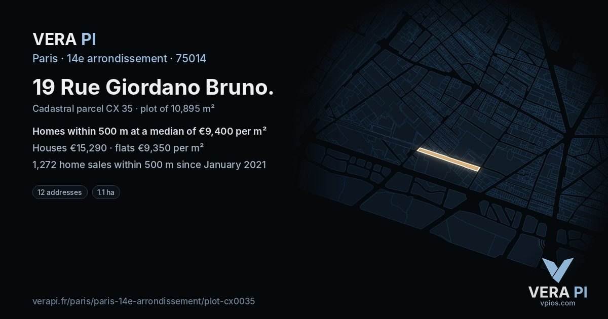 19 Rue Giordano Bruno, 14e arrondissement at night – the plot lit, the parcels around coloured by the prices near them