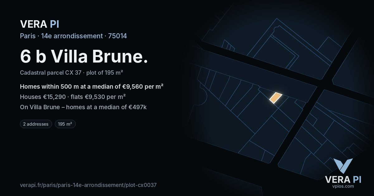 6 b Villa Brune, 14e arrondissement at night – the plot lit, the parcels around coloured by the prices near them
