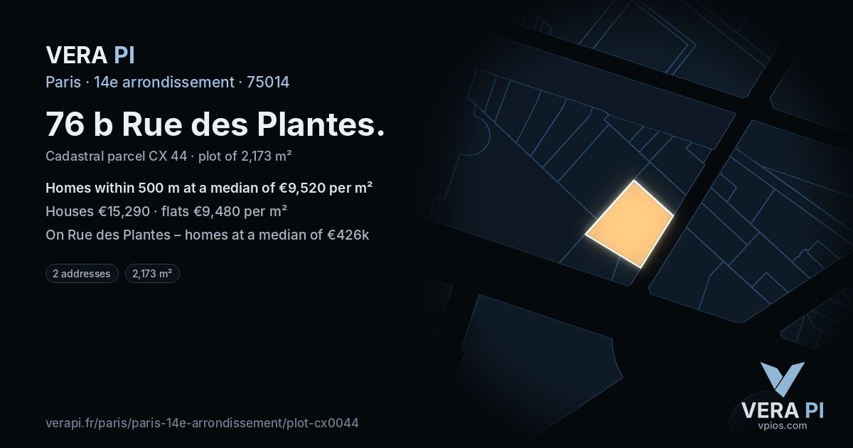 76 b Rue des Plantes, 14e arrondissement at night – the plot lit, the parcels around coloured by the prices near them