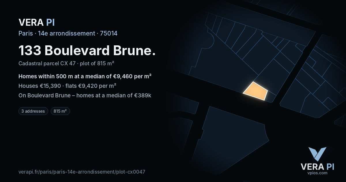 133 Boulevard Brune, 14e arrondissement at night – the plot lit, the parcels around coloured by the prices near them
