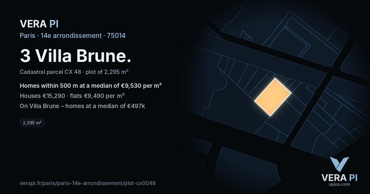 3 Villa Brune, 14e arrondissement at night – the plot lit, the parcels around coloured by the prices near them