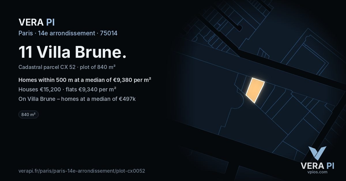 11 Villa Brune, 14e arrondissement at night – the plot lit, the parcels around coloured by the prices near them