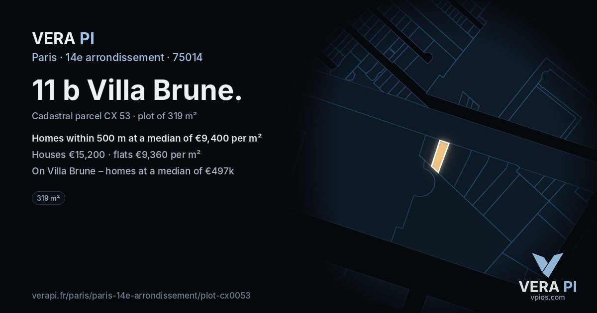 11 b Villa Brune, 14e arrondissement at night – the plot lit, the parcels around coloured by the prices near them