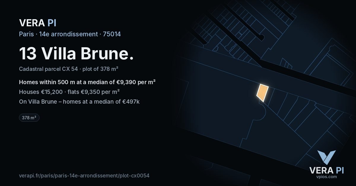 13 Villa Brune, 14e arrondissement at night – the plot lit, the parcels around coloured by the prices near them