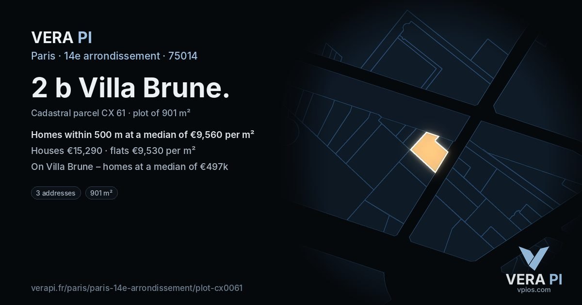2 b Villa Brune, 14e arrondissement at night – the plot lit, the parcels around coloured by the prices near them
