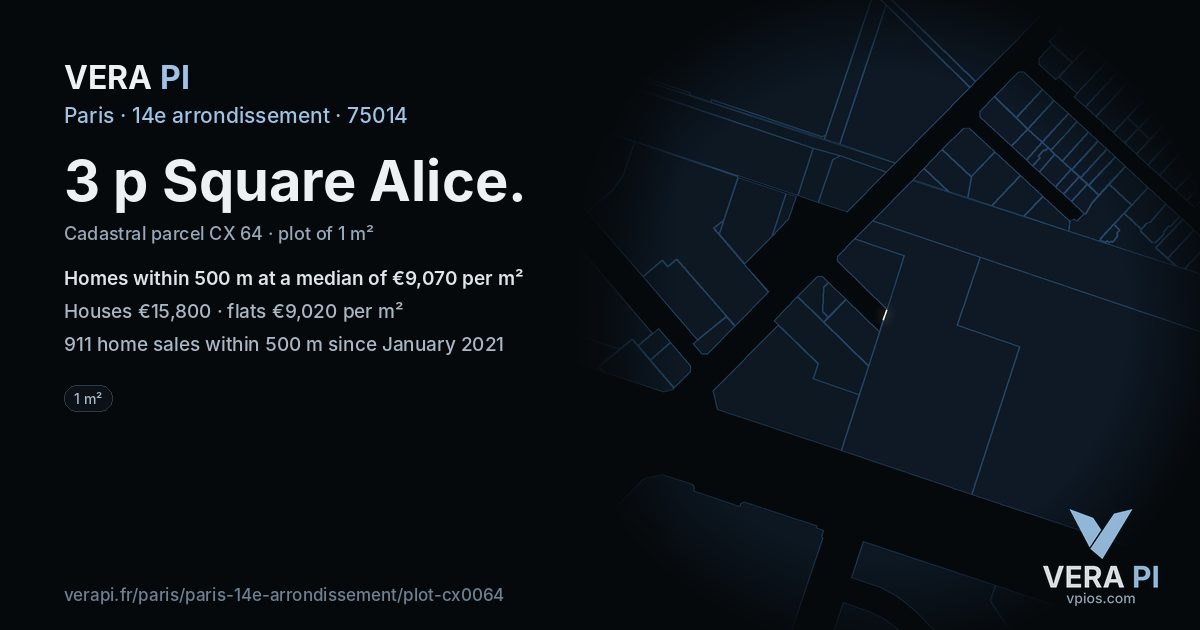 3 p Square Alice, 14e arrondissement at night – the plot lit, the parcels around coloured by the prices near them