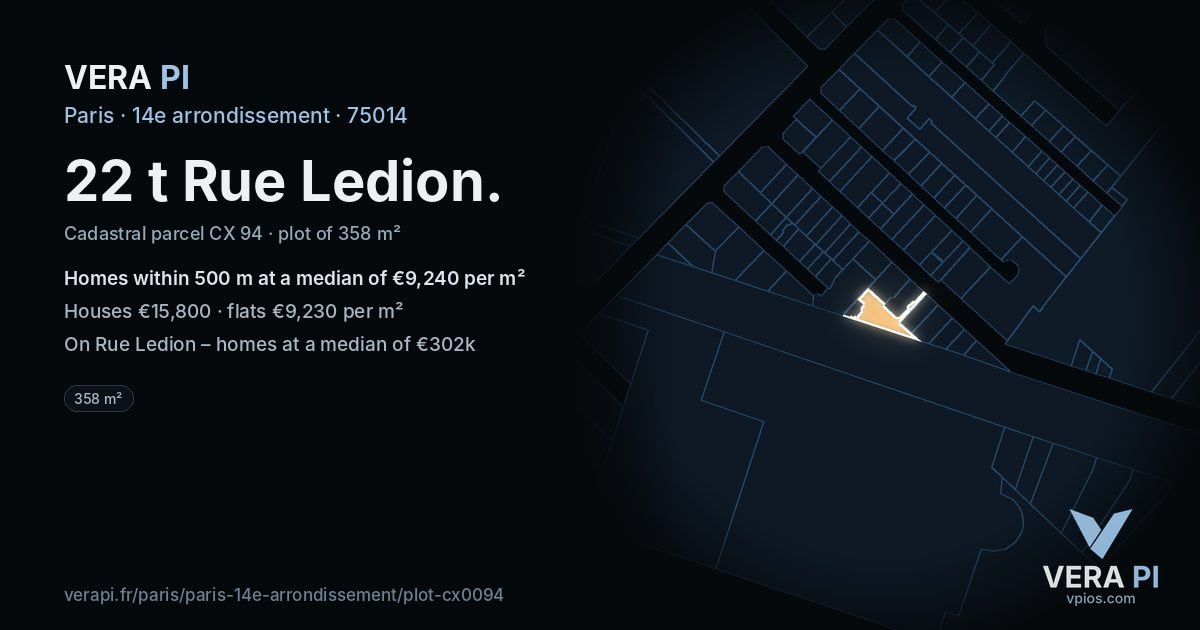 22 t Rue Ledion, 14e arrondissement at night – the plot lit, the parcels around coloured by the prices near them