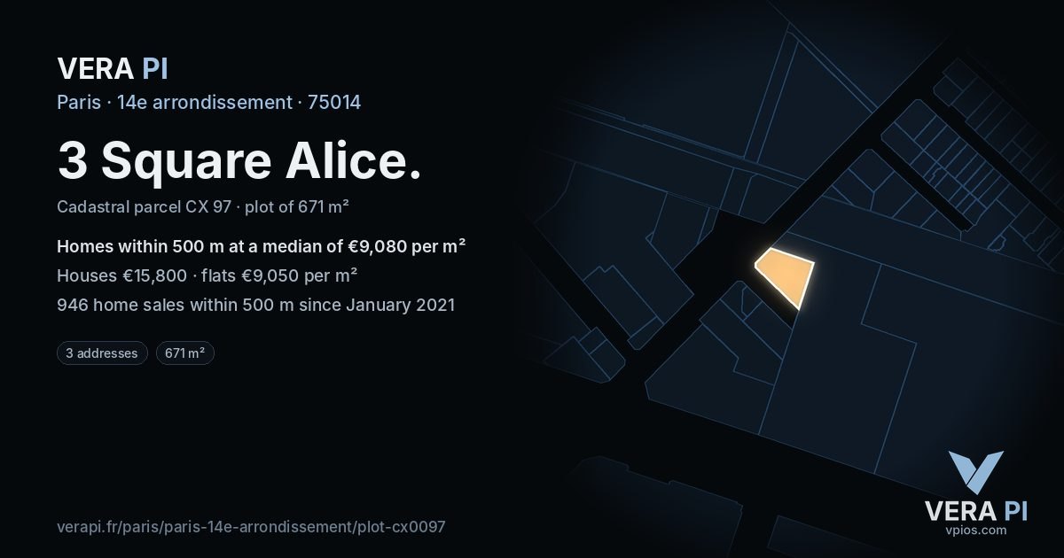 3 Square Alice, 14e arrondissement at night – the plot lit, the parcels around coloured by the prices near them