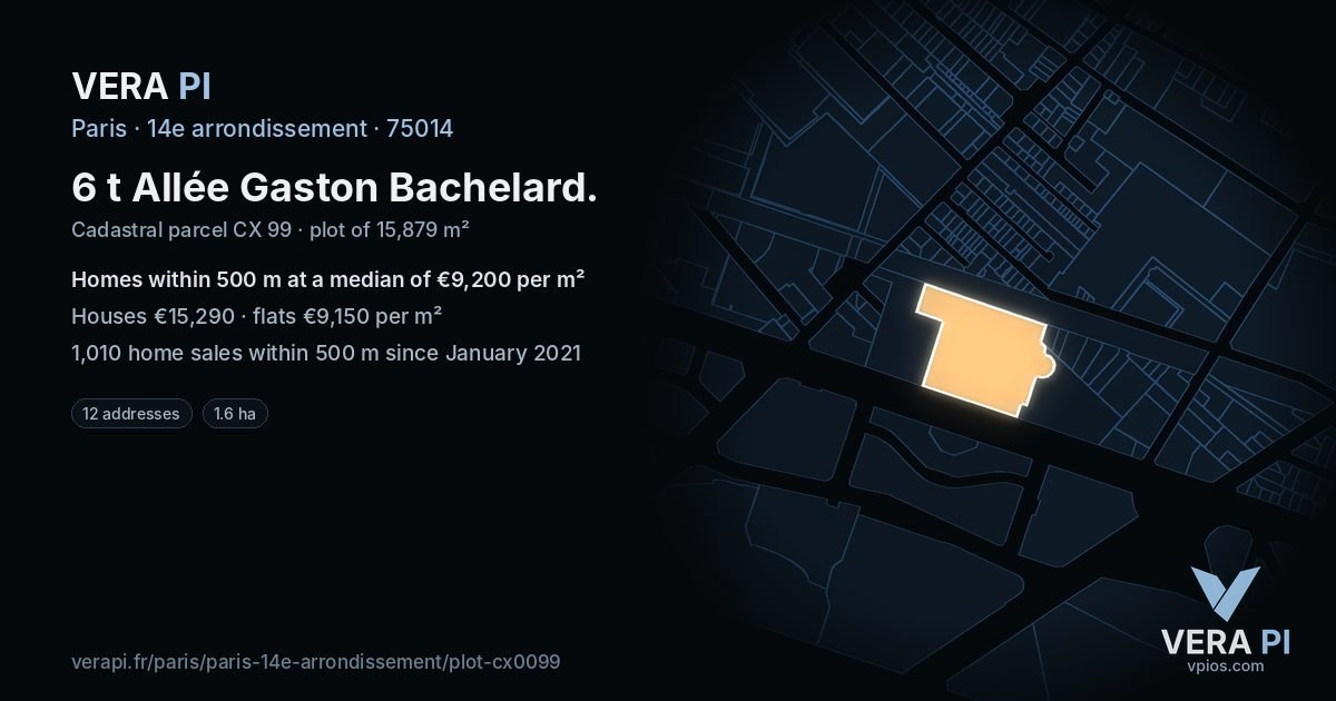 6 t Allée Gaston Bachelard, 14e arrondissement at night – the plot lit, the parcels around coloured by the prices near them