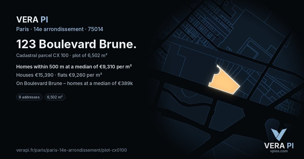 123 Boulevard Brune, 14e arrondissement at night – the plot lit, the parcels around coloured by the prices near them